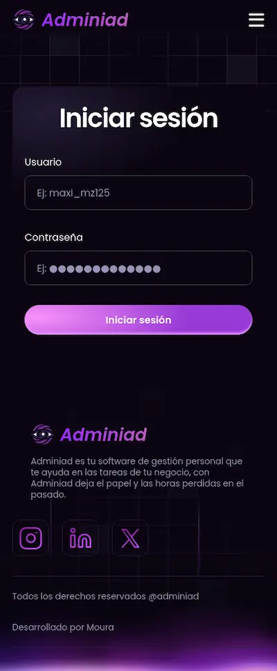 Diseño de la página de login en versión mobile