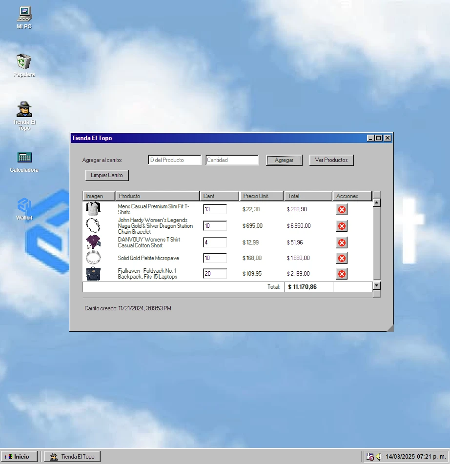 Carrito e-commerce retro con estética Windows 98 desafío de creación frontend de tienda online
