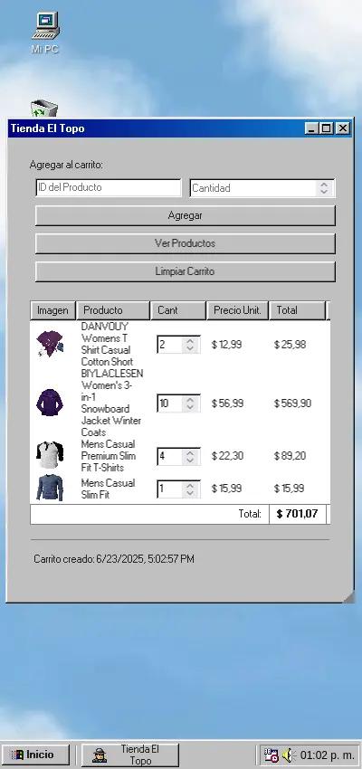 Vista mobile del carrito Windows 98 adaptado para dispositivos táctiles