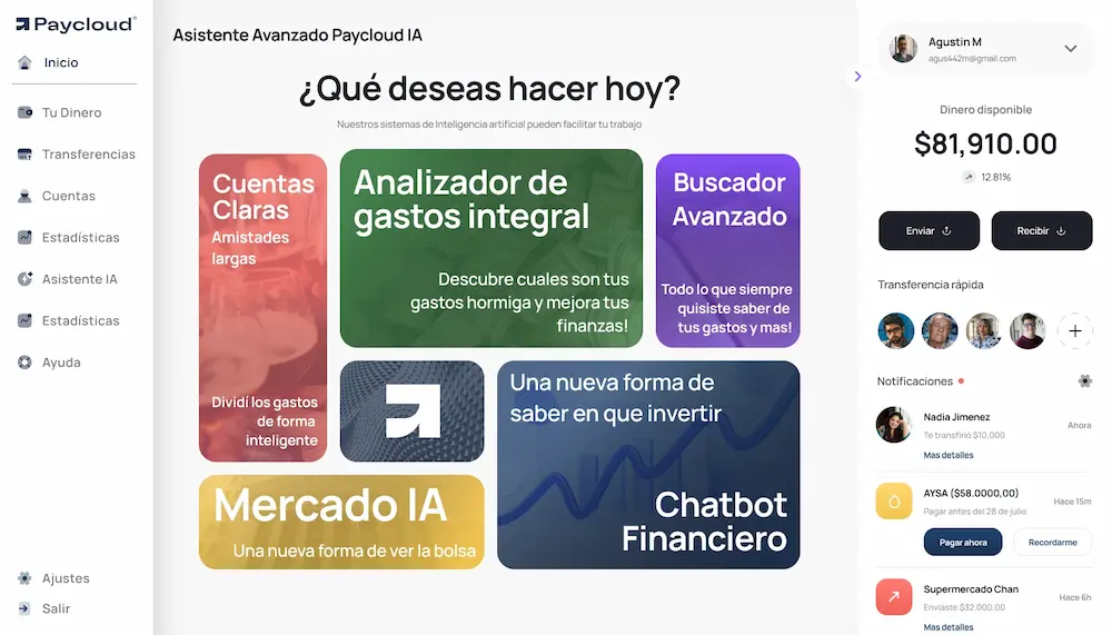 Panel de funciones de inteligencia artificial en formato bento grid para el dashboard de Paycloud